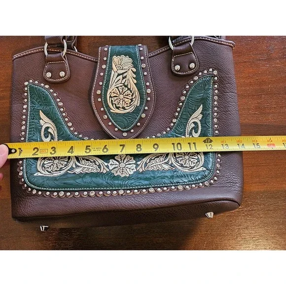 Montana West Buckle Shoulder Tote Purse Concealed Carry Rhinestones Brown Green - Picture 10 of 12